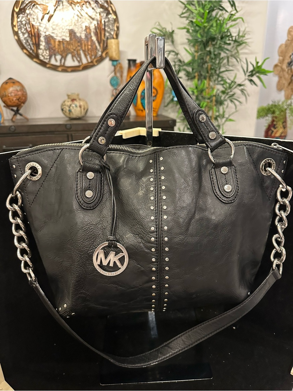 Michael Kors  2004 Black Leather Studded Tote with Chain Strap